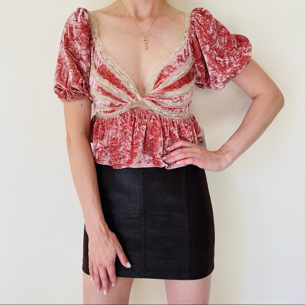 New Free People Yours Truly Velvet Peplum Top boho blouse mauve